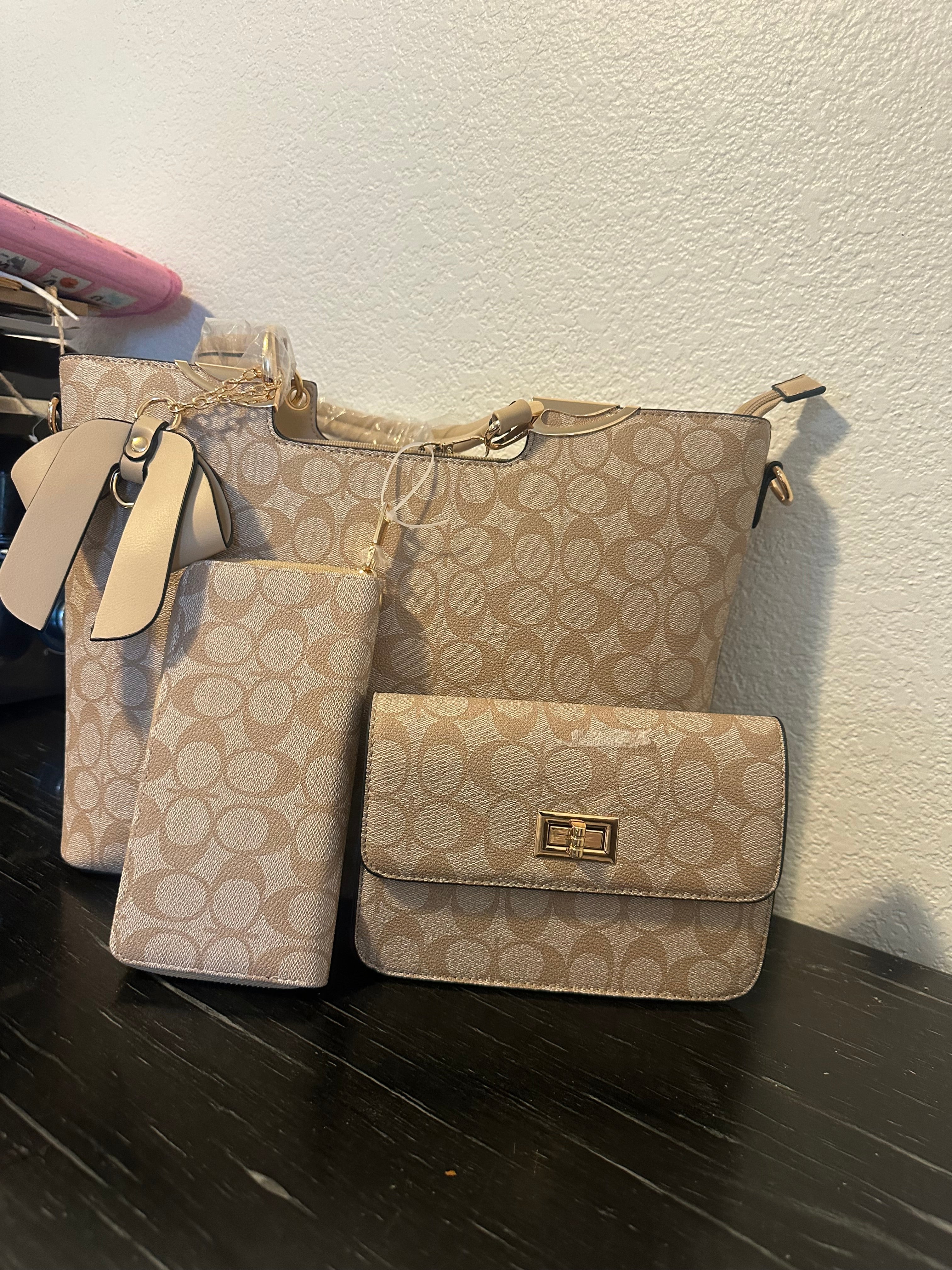 Tan 3pc purse, clutch & Wallet